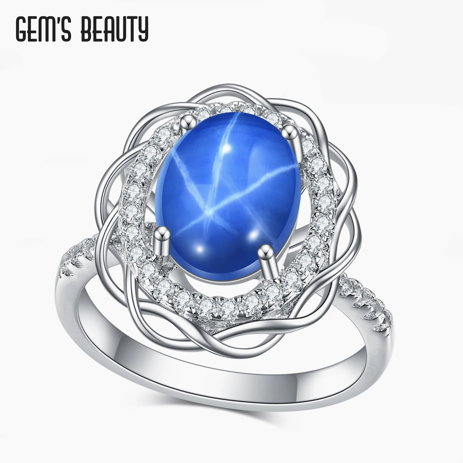 

Gem's Beauty Oval Lab Star Sapphire 925 Sterling Silver Flower Halo Rings Luxury For Women Fine Jewelry With Zircon Milgrain