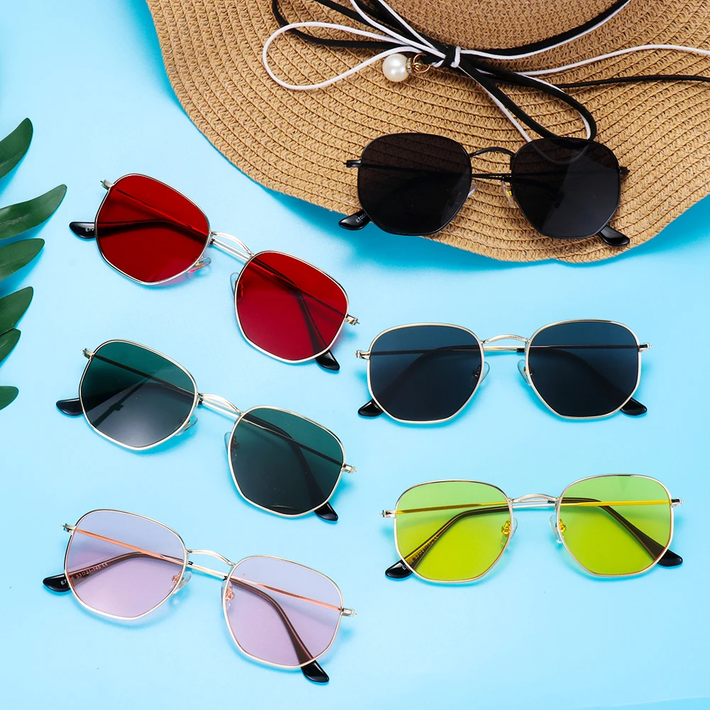 Летние очки, солнцезащитные очки в металлической оправе, солнцезащитные очки для мужчин и женщин, многоугольные зеркальные линзы, маленькие квадратные солнцезащитные очки