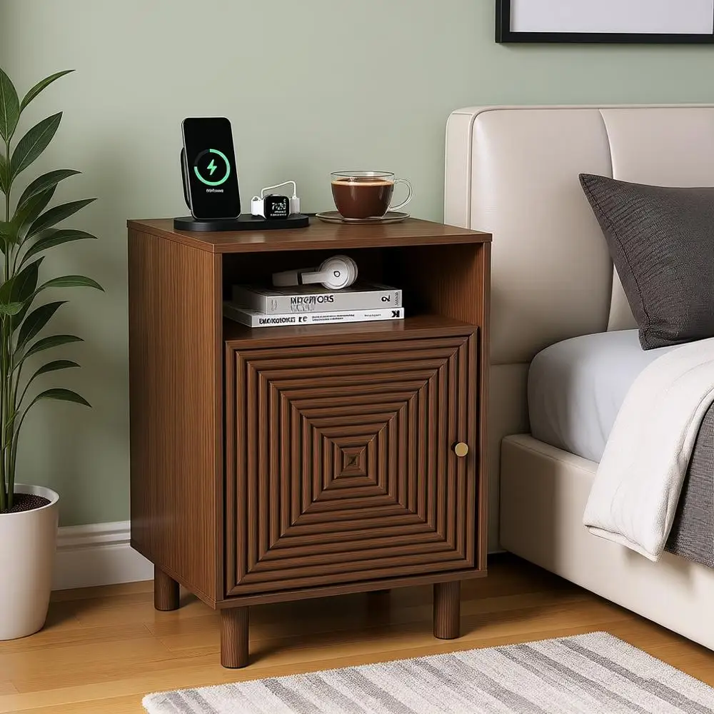 

Bedside Charging Station Table with Door, Accent Solid Wood End Table, Brown for Bedroom or Entryway