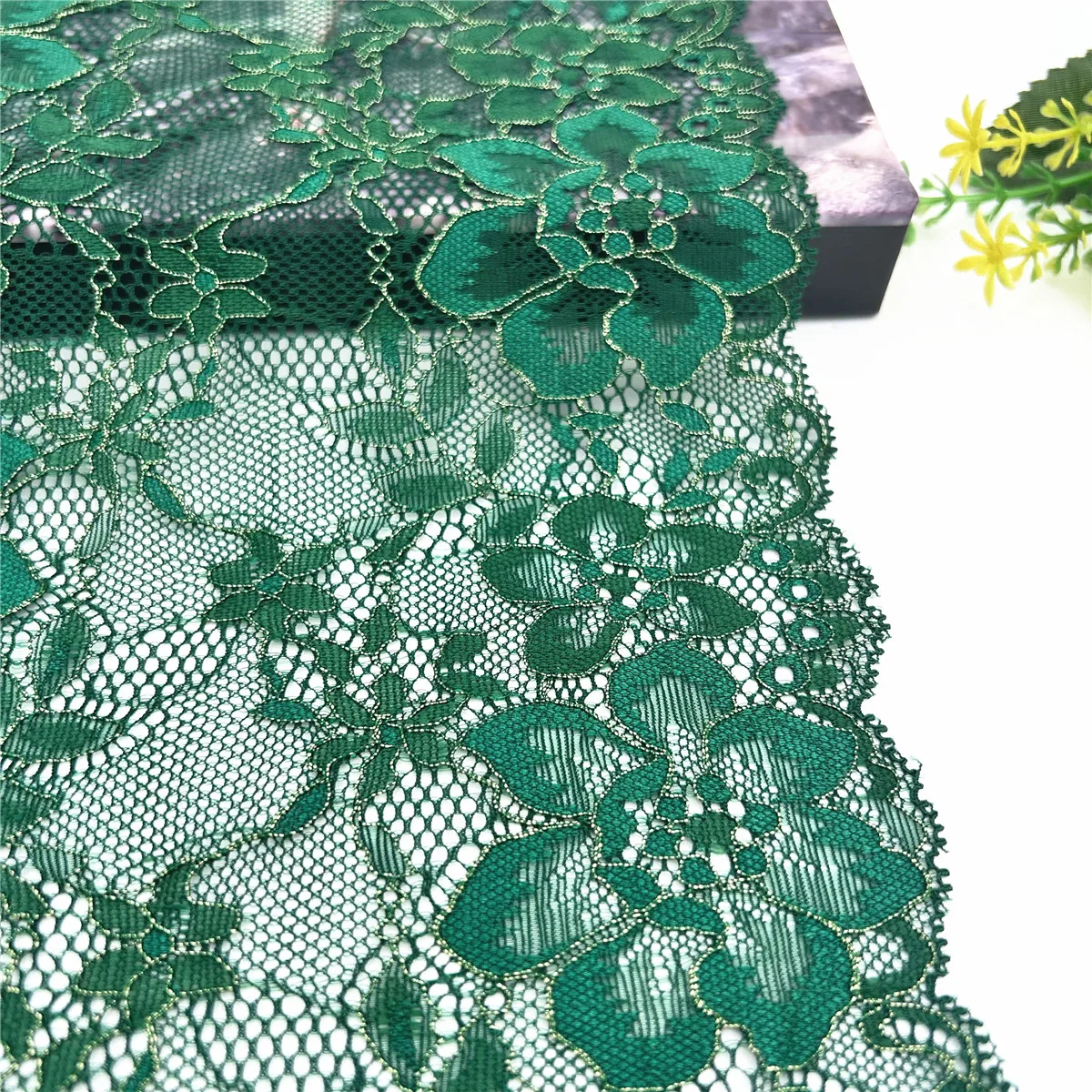 3y/lot Width 18.50cm Green Golden Elastic Stretch Lace Trim For Clothing Accessory Dress Sewing Applique Costume Lace Fabrics