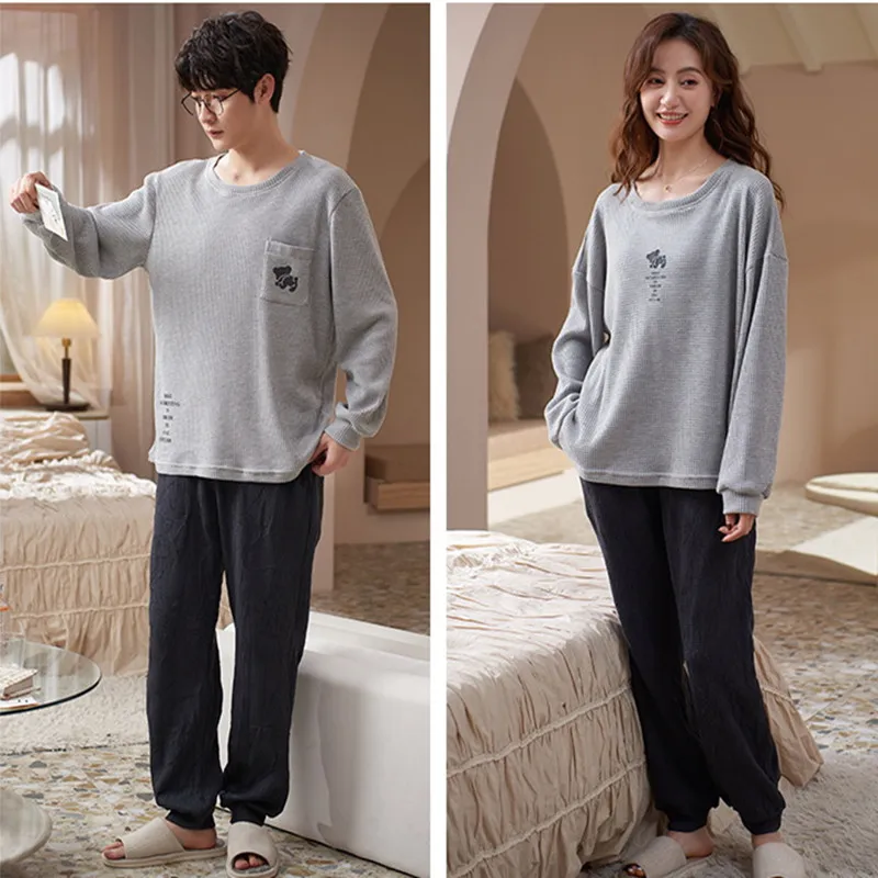 Couple Pajamas Summer Cotton Cartoon Cute Long-Sleeved Casual Men\'s Simple Large Size Home Wear Suit