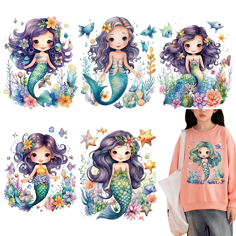 Underwater World Mermaid children Heat Transfer Printing iron on patches for clothes dtf transfers ready to press