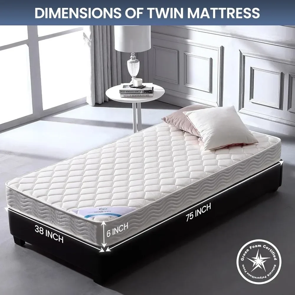 6 Inch Twin Mattress - Medium Firm Innerspring Support with Tight Top - Memory Foam & Polyester Cover – Lightweight - Easy Setup