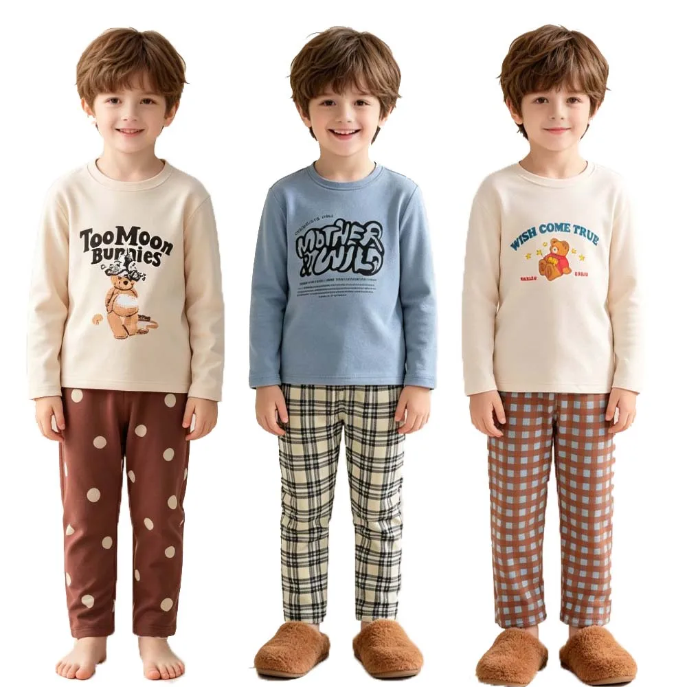 Cotton Boys Pajamas Sets Kids Toddler 3 4 5 6 7 8 9 10 11 12 13 14 15 16 Years Dots Plaid Cartoon Long Sleeve Children Pyjamas