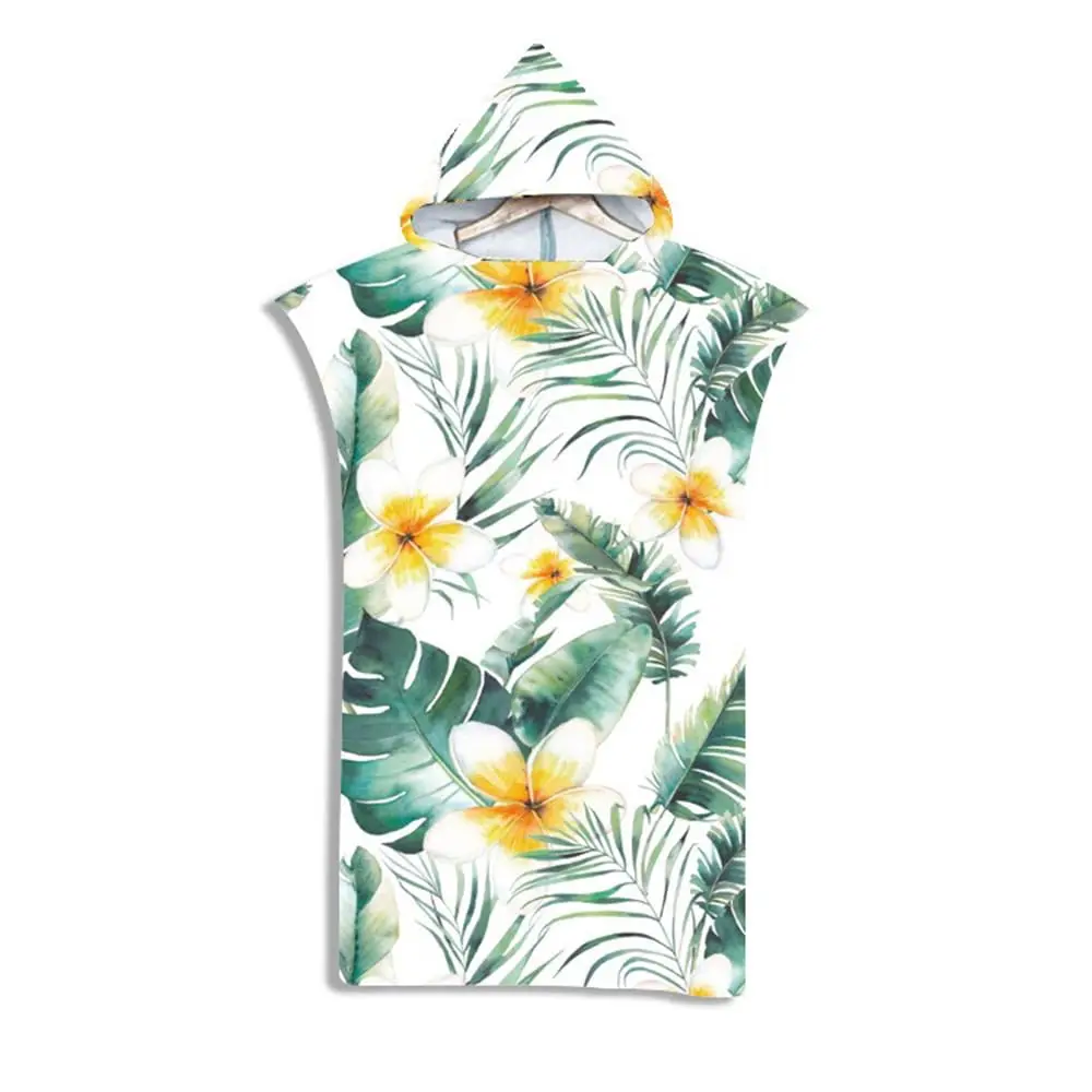 Tropical Flower Leaves Beach Towel with Hood, Summer Bath Poncho for Child Adult, Microfiber Bathrobe for Swimming Pool Surfing