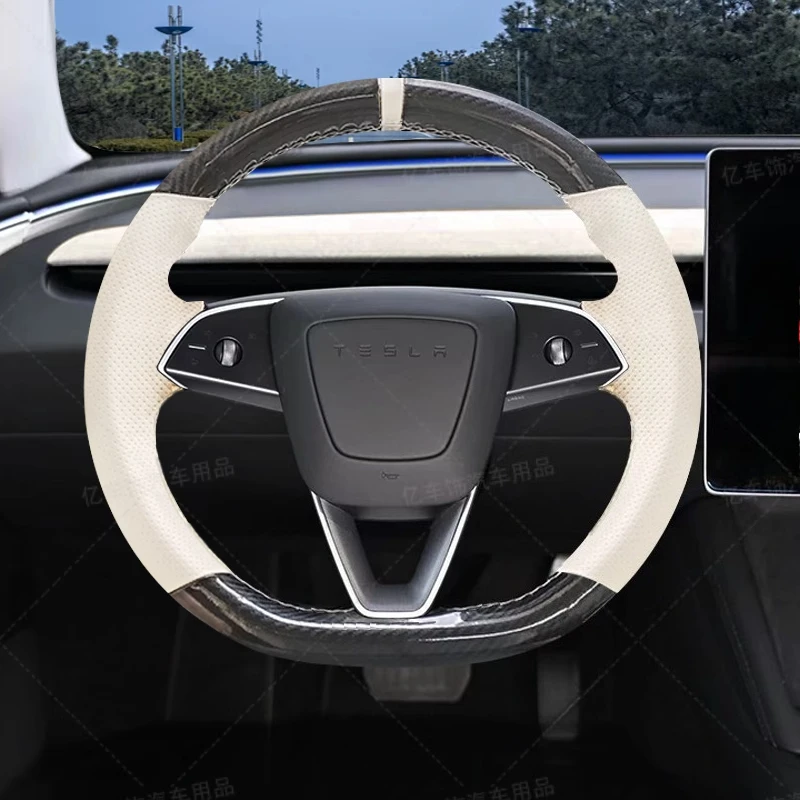 

100% подходит для Tesla modelo 3 Highland 2024 2025, прошитый вручную белый чехол на руль автомобиля из натуральной кожи из углеродного волокна