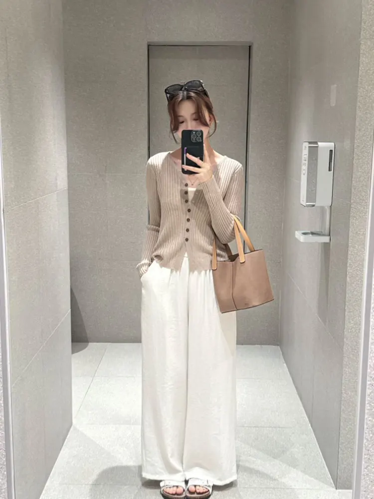 كارديجان نوكسياو لا سيليكت 2025 الجديد للخريف، تصميم أنيق ضيق مضلع بزر واحد، محبوك مفتوح على الطراز الكوري بأكمام طويلة وياقة...