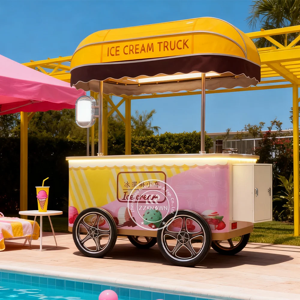 

Food Trolley Cart Ice Cream Food Truck Push Cart Mobile Food Cart with LED Lights Ice Cream Freezer Cabinet Kiosk