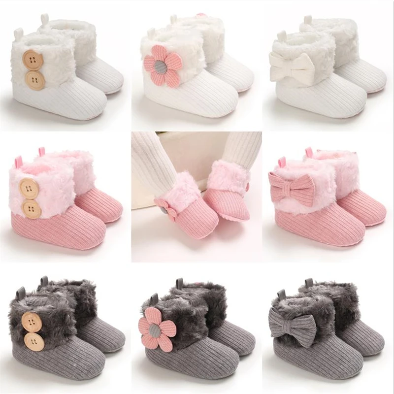 2022 Toddler Newborn Baby Crawling Shoes Booties Boy Girl Slippers Prewalker Trainers Fur Winter Flower First Walker