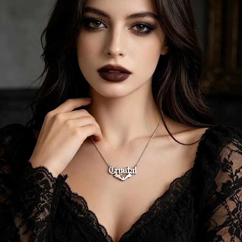 Custom Bat Name Necklace Personalized Stainless Steel Women Halloween Bat Wing Gothic Style Name Necklace Gift For Girlfriend