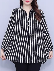 Fashion Lapel Button Spliced Printed Striped Blouses Women's Clothing 2024 Autumn New Loose Commuter Tops Casual Chiffon Shirts