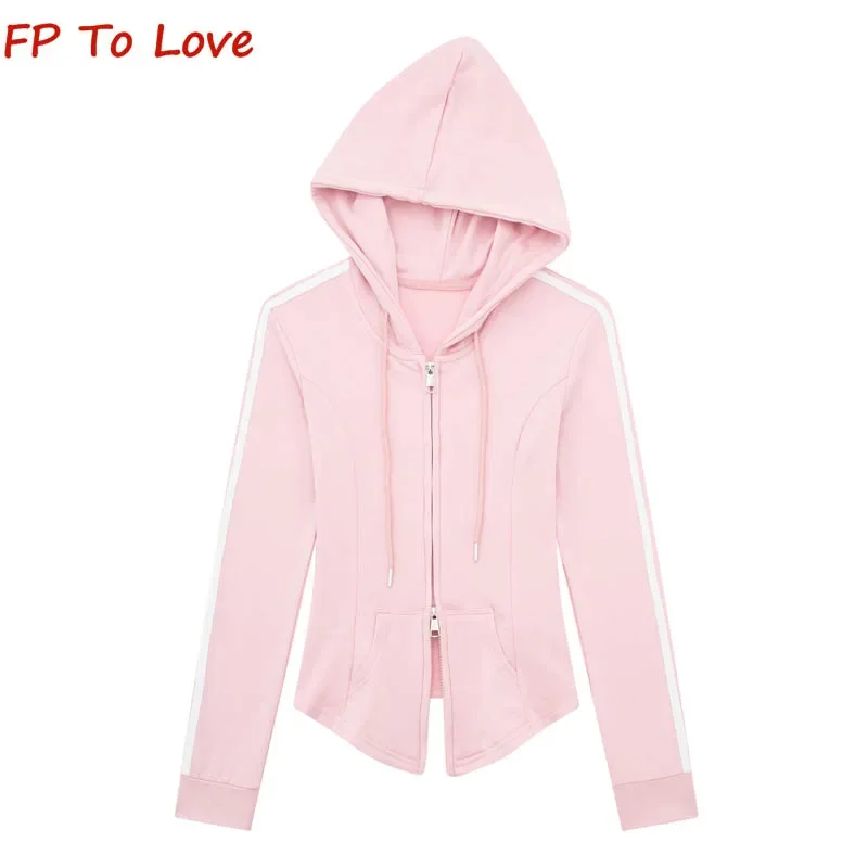 Y2K Colorblocking Drawstring Long Sleeve Hooded Jacket Slim Hundred American Retro Short Sports Sweatshirt Women