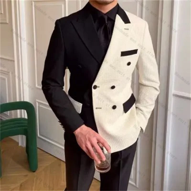 Trajes de hombre blancos y negros, chaqueta de 2 piezas + Pantalones, abrigo de esmoquin de boda de algodón con solapa larga, chaqueta Formal de oficina personalizada, pantalones