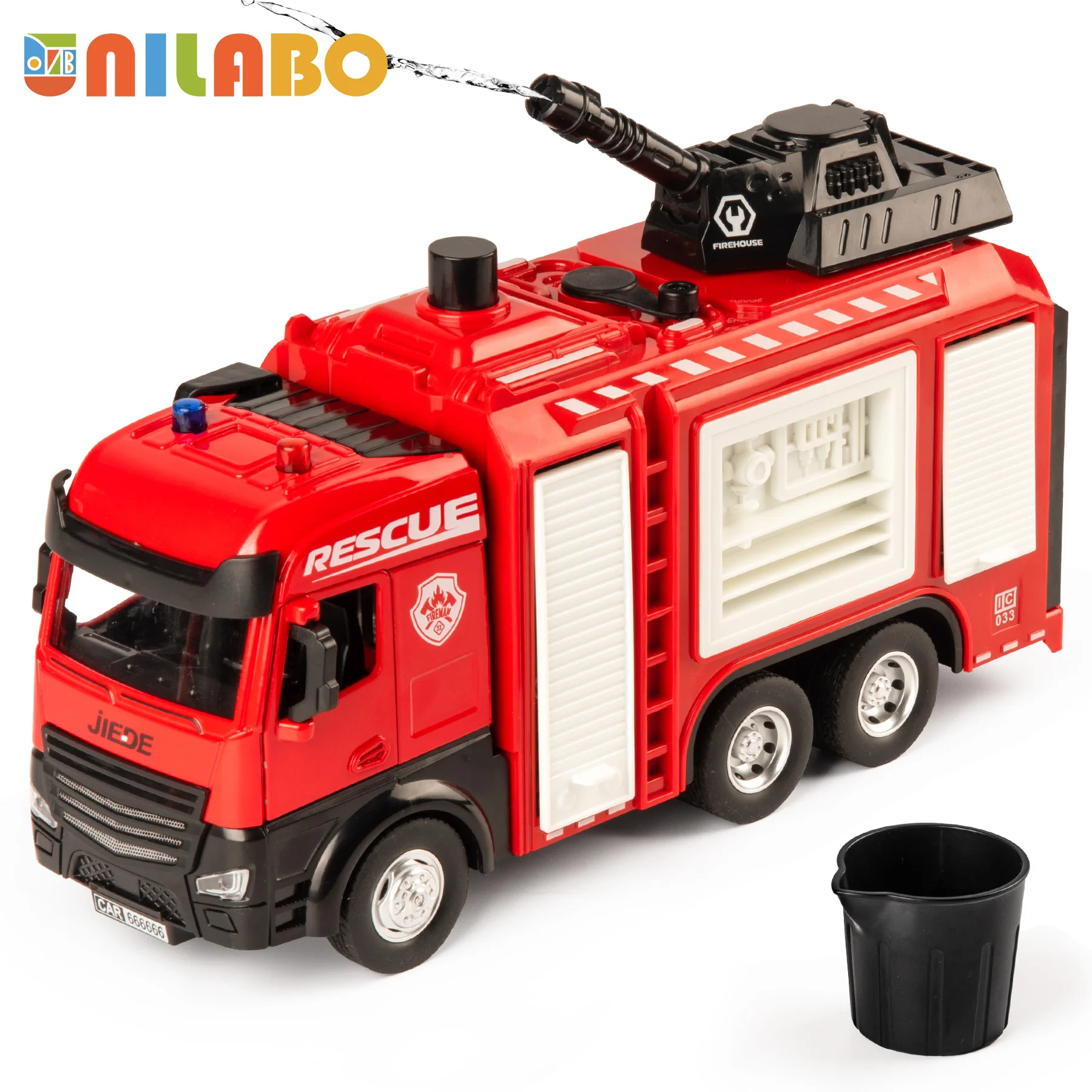 

Alloy 1:40 Fire Truck Toy - Emergency Vehicle with Manual Water Jet, Sounds & Lights, STEM Birthday Gift for Kids Age 3+