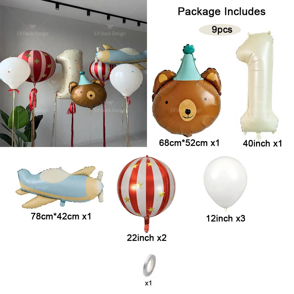 9pcs/Set Matte Airplane Cartoon Birthday Bear Red-striped Foil Balloon Cream Number for Birthday Anniversary Party Decor Gifts - view 2