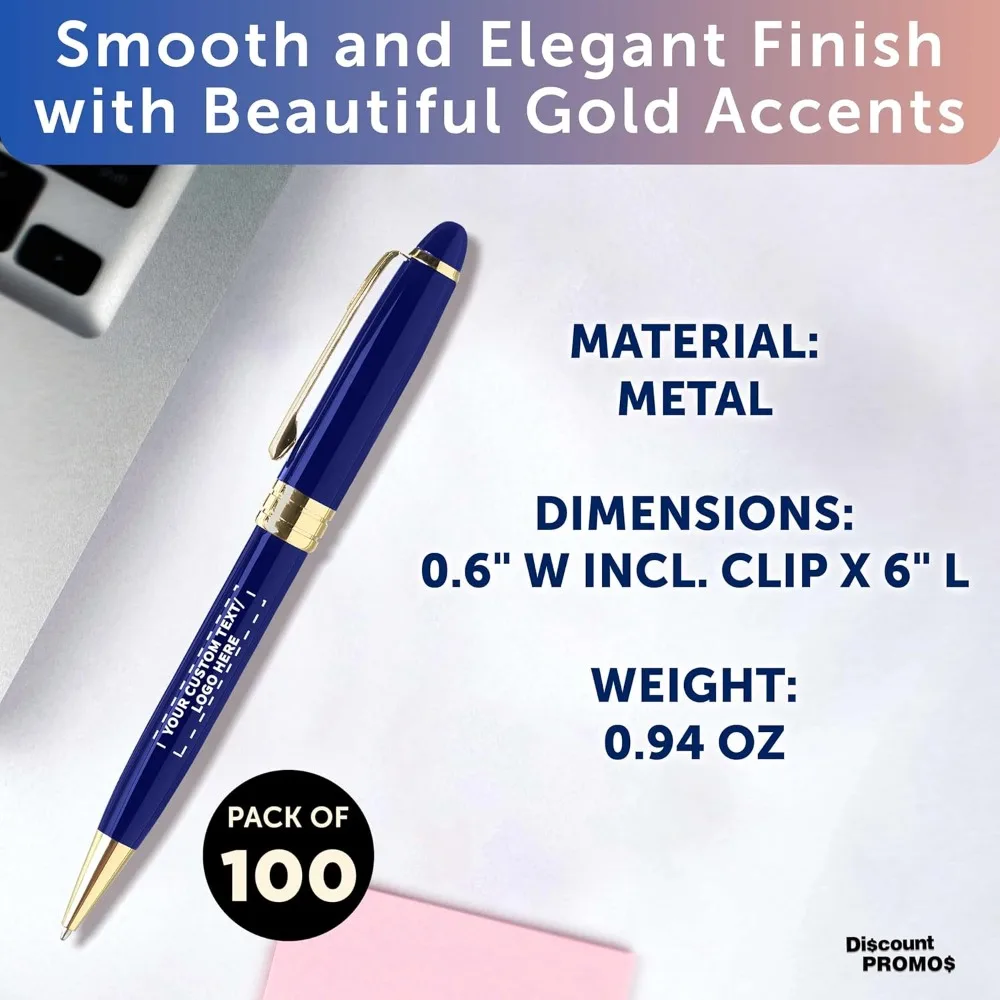 مجموعة أقلام الترا التنفيذية مكونة من 100 قطعة - قابلة للتخصيص مع النص أو الشعار، وحامل ملتوي، وحواف ذهبية، وحبر أزرق - كتابة عالية الجودة