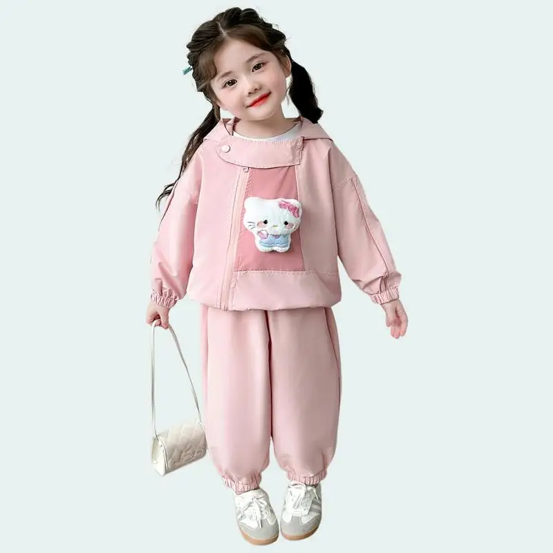 

2Pcs Girl Dresses Kawaii Hello Kitty Girls Fall New Sweatshirt Hooded Sets Hot Anime Long Sleeve Cartoon Trousers Sports
