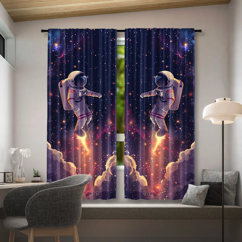 Cartoon Spaceman Curtain 2 Panels Twinkle Star Nebula Flame Cloud Cosmic Inn Room Curtain Fantasy Boys Bedroom Home Decor