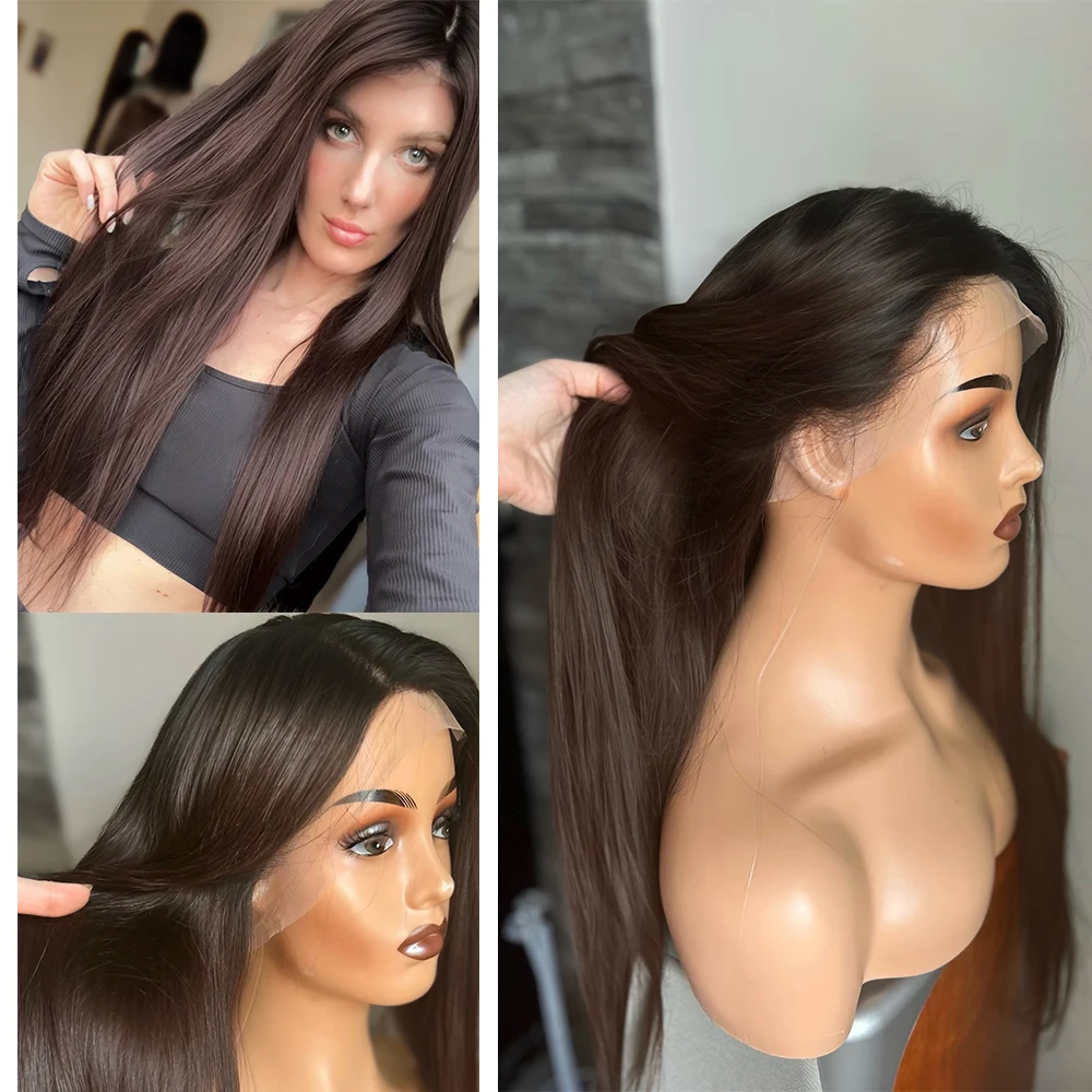 Soft 26“ Dark Brown Straight Synthetic Lace Front Wig For Women Glueless Wig Preplucked Free Part Heat Resistant Daily Wig