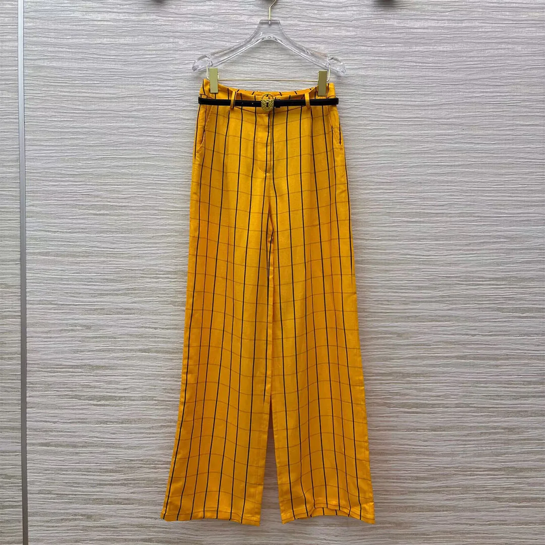 

Old Money Style 55% Linen Wide Leg Pants Women High Waist Gold Key Leather Belt Plaid Pattern Casual Loose Vintage Trousers