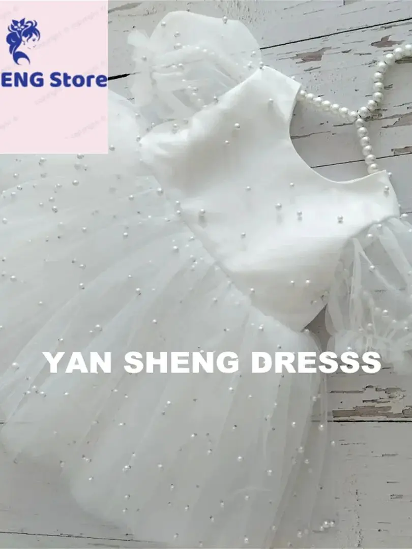 女の子のための白いチュールの花のドレス,結婚式,誕生日パーティー,聖体拝領,カスタマイズされた女の子のドレスのためのパフスリーブと弓