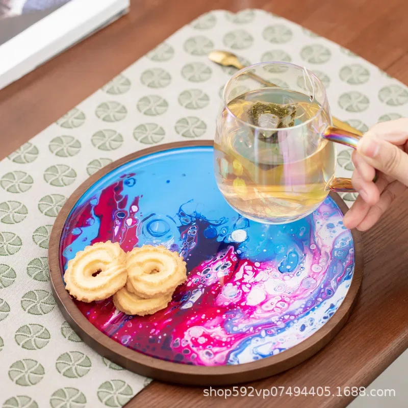 

dry bubble tray, resin round solid wood imitation lacquer creative small coffee table, dried fruit tray, thermos pot holder.