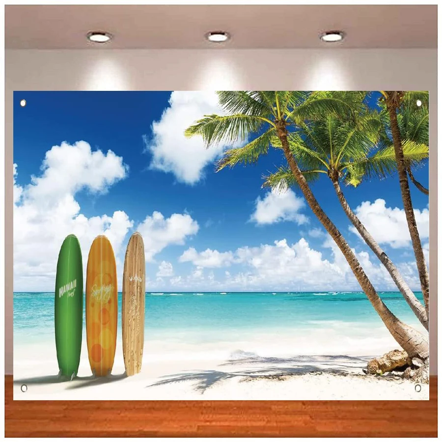 

Tropical Beach Backdrop Hawaiian Banner Summer Coconut Tree Leavesr Summer Birthday Party Decorations Ocean Surfboard Background