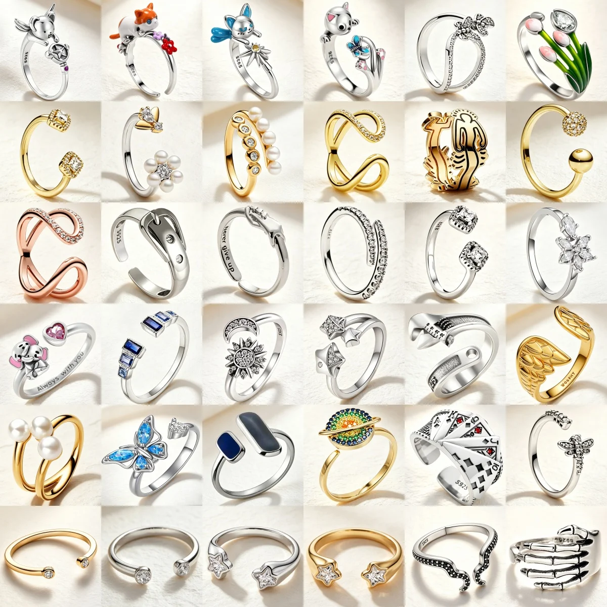 Anillo Ajustable de Plata 925 con Dijes de Animales Pequeños, Sol, Luna, Mariposa y Perla, Joyería de Lujo