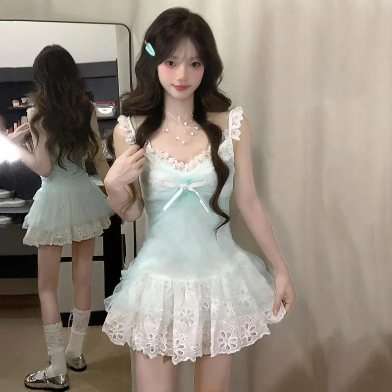 

Новые летние милые и свежие комплекты из двух предметов, женские элегантные кружевные лоскутные платья в японском стиле и сетчатая рубашка, женская одежда