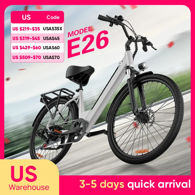 

Peak 750W E26 Electric Bike for Adults | 48V 10.4Ah Removable Battery, Top Speed 20MPH, 26''X2" Standard Tire, 7-Speeds