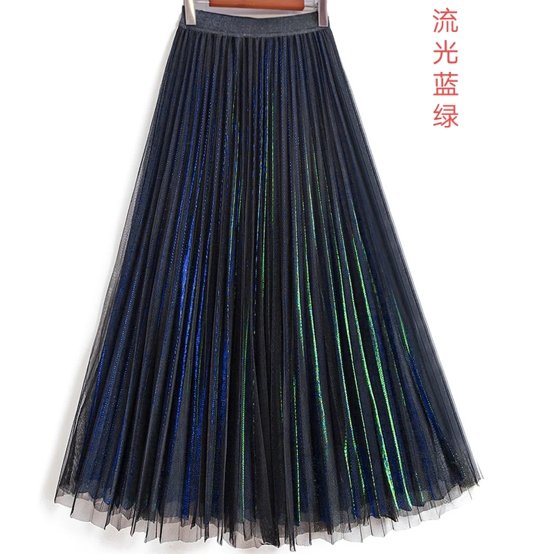 Primavera verão menina coreano elasticidade cintura alta moda gaze saia plissada longa a linha versátil personalidade chique cor saias