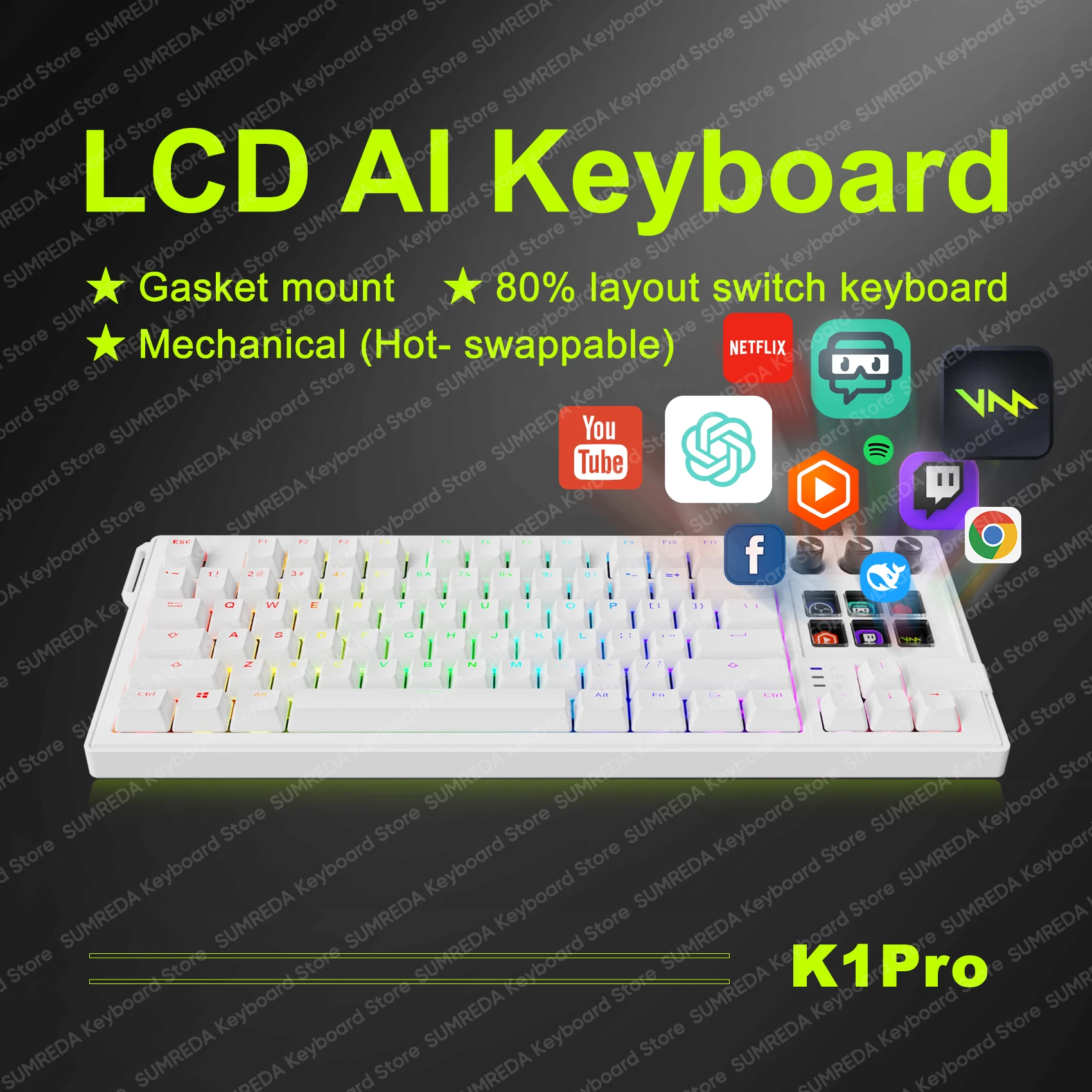 

Mirabox K1 Pro LCD AI Mechanical Keyboard Knob LCD Keys RGB Multifunctional Wired Hot Swap Office Gaming Keyboard PC Accessory