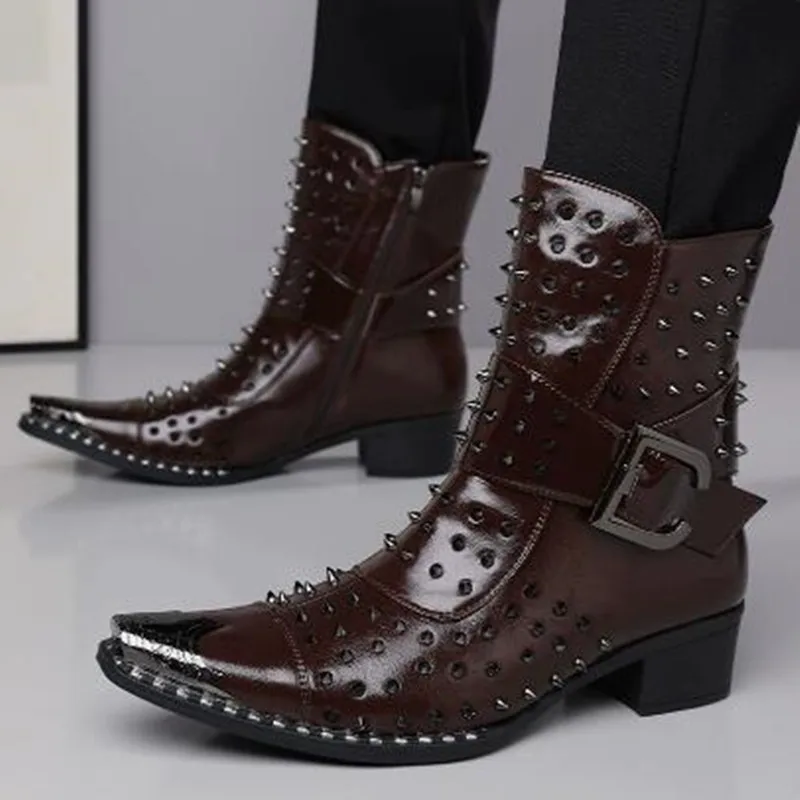 Men Pointed Toe Dark Punk Ankle Boots New Studded Chunky Block Heel Side Zipper Plus Size 48 High Top Boots Western Cowboy Boot