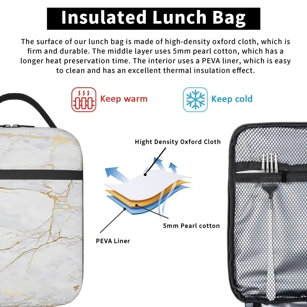 White And Gold Marbl Insulated Lunch Bag for Women Kids Portable Food Boxes Thermal Lunch Box Tote