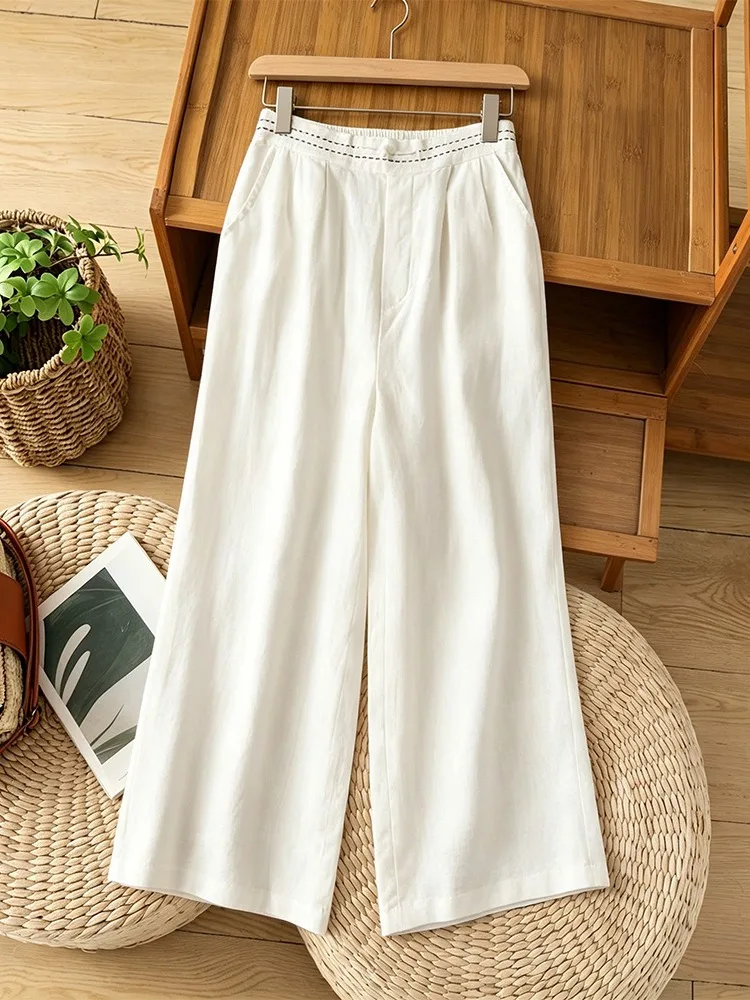High-End Lyocell Linen Wide Leg Pants Women Summer Mommy Casual High Waist Straight Cut Draping Cotton Linen Nine-Piece Pants