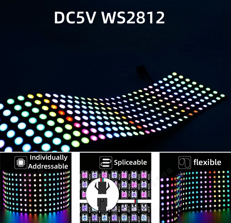 DC5V WS2812B LED Flexible Strip 8x8 16x16 8x32 Pixel Panel Strip Matrix Screen Individually Addressable RGB Display Board Module