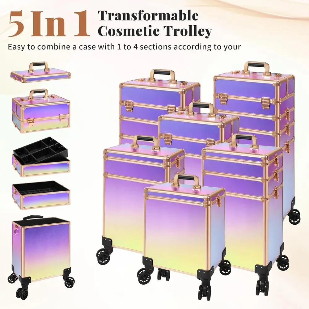 Estojo de trem de maquiagem rolante com tampa, estojo de cosmetologia 5 em 1 sobre rodas, grande organizador de carrinho de cosméticos para viagem para cabeleireiro A