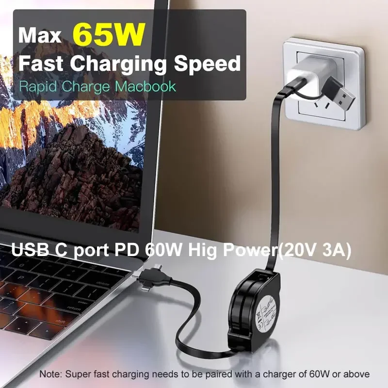 Kabel do ładowania notebooka 6 w 1 Wysuwana ładowarka Kabel do transmisji danych PD 60 W Szybkie ładowanie iPhone Samsung MacBook Type-C/Micro USB — zdjęcie 6