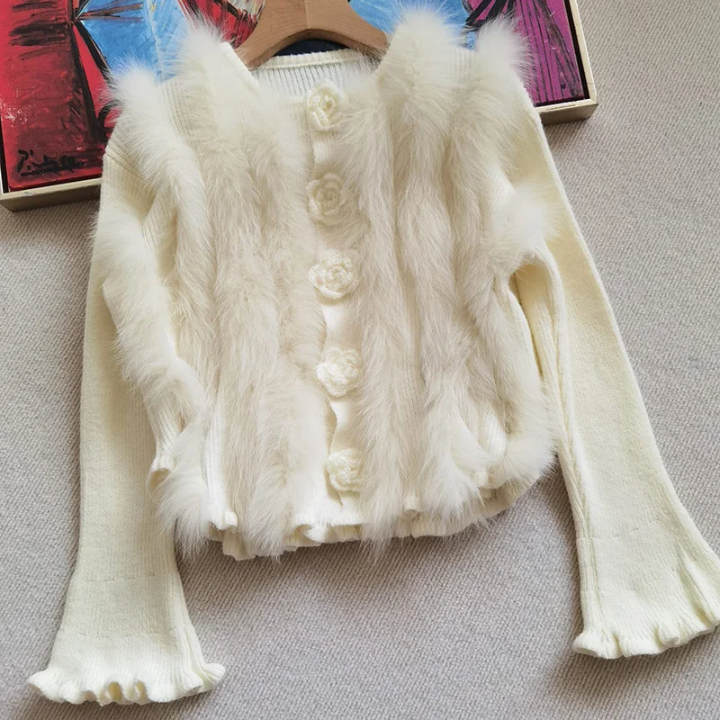 Beige Real Fur Trimming Cute Knitted Cardigan Sweaters With Buttom Slim Wave Cut Long Sleeve Female Open Stitch Sweater