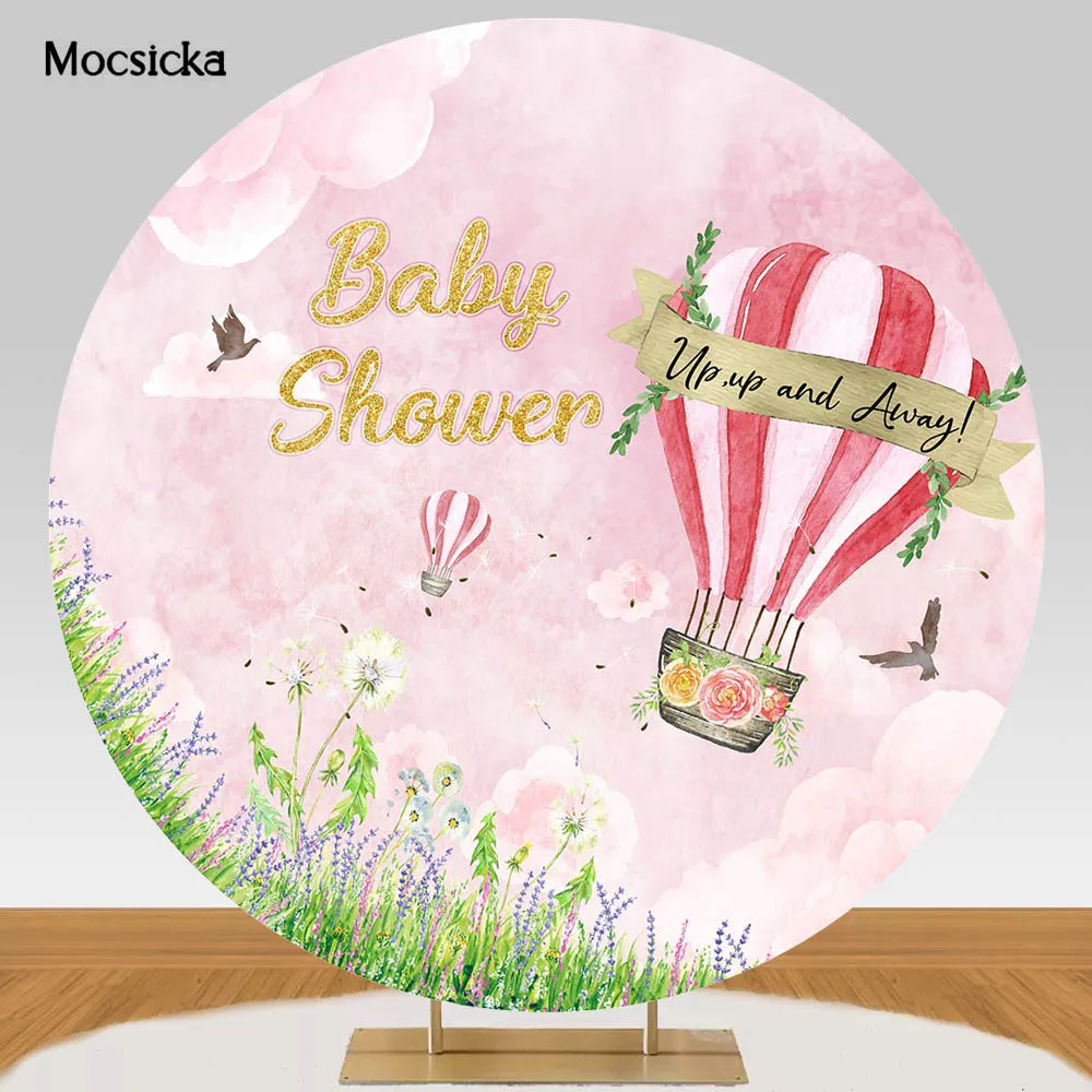 

Mocsicka Round Backdrop for Baby Shower Pink Clouds Hot Air Balloon Cartoon Children Birthday Party Round Photo Background Cover