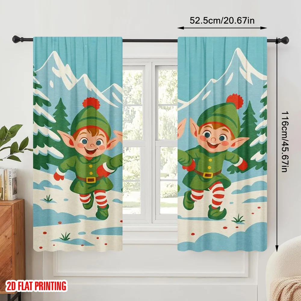2pcs,2D plane printing Curtains&Window Treatment Elf Snow Run Versatile 100% Polyester (without rod) Outdoor Decorations Use for