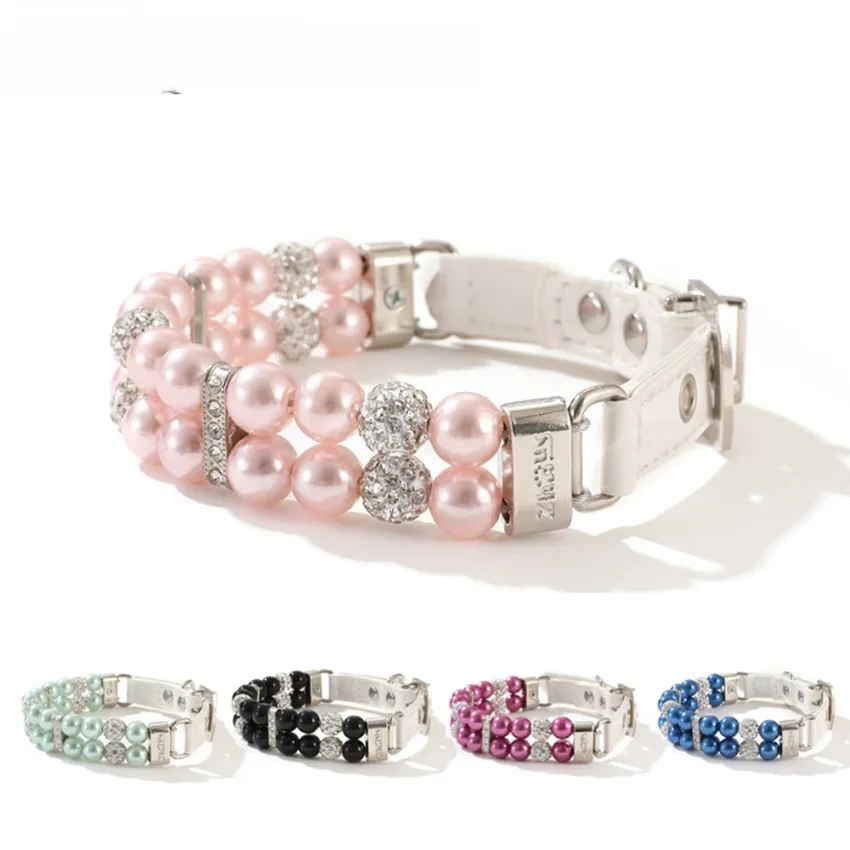 

Pearl Pet Collar Artificial Pearls Rhinestone Dog Collar For Cat Necklace Wedding Party Pink Blue Green