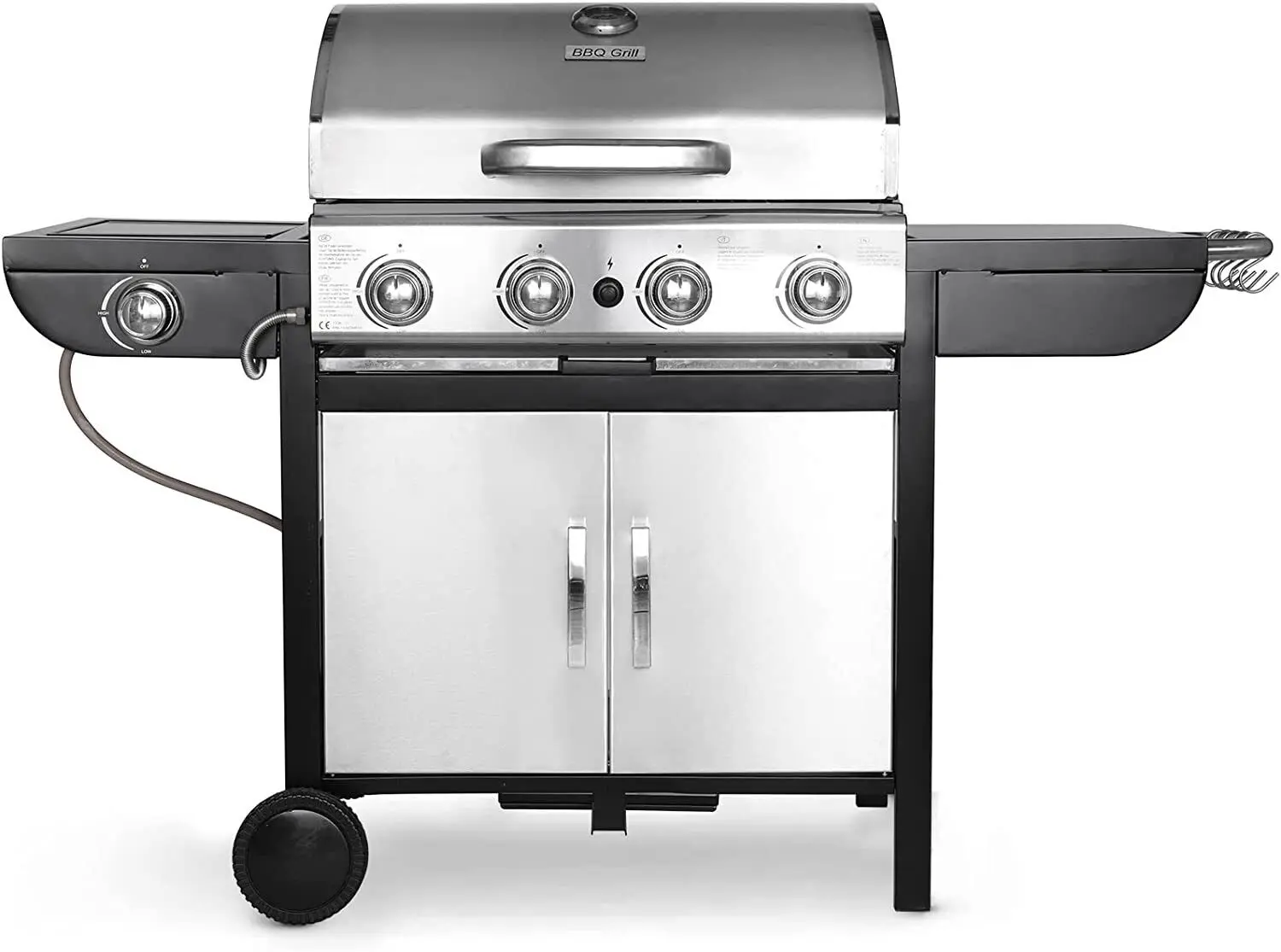 Gas Barbecue Grill Piezo Ignition 4+1 Burner with Warming Rack, Side Shelves and Storage Cabinet - Black/Stainless Steel