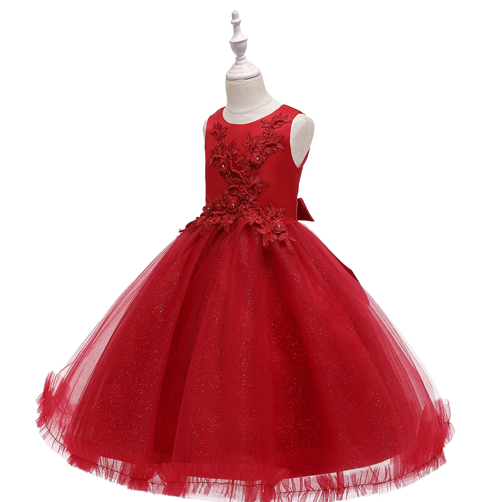 Red Sleeveless Tulle Flower Girl Dress For Kids Round Neck Nail Bead Embroidered Child Party Wear For Girl 3-12 Years