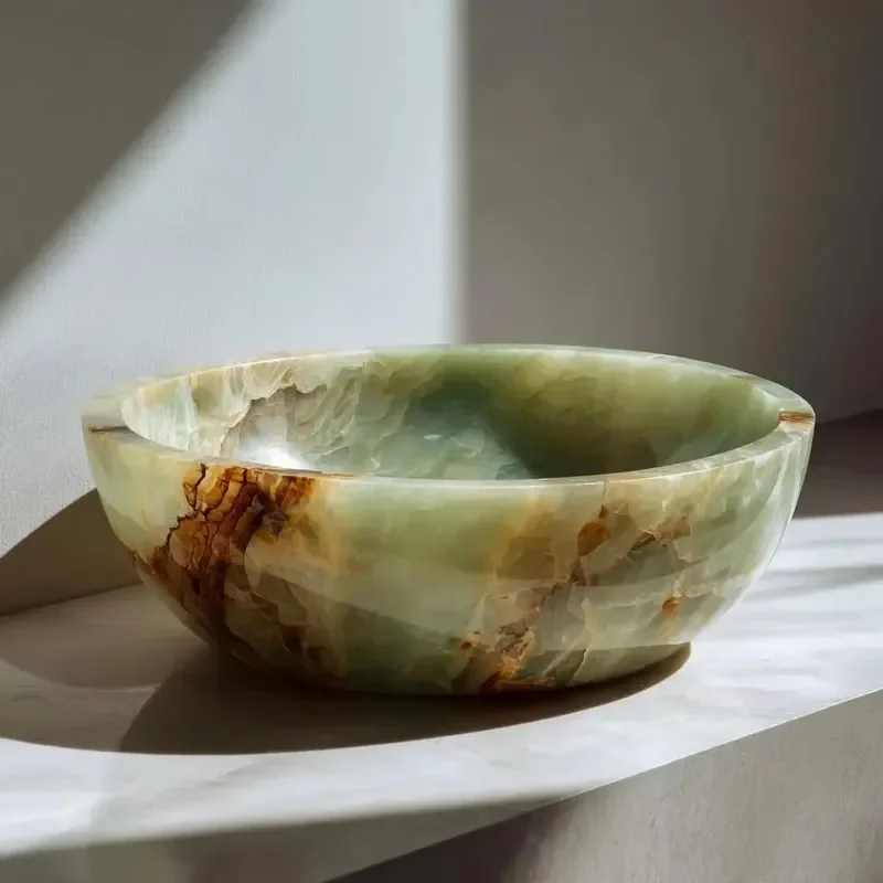 Natural Green Agate Marble Round Sink Handmade Stone Wash Basin for Bathroom Vanity Countertop Vessel Bowl Decor Round