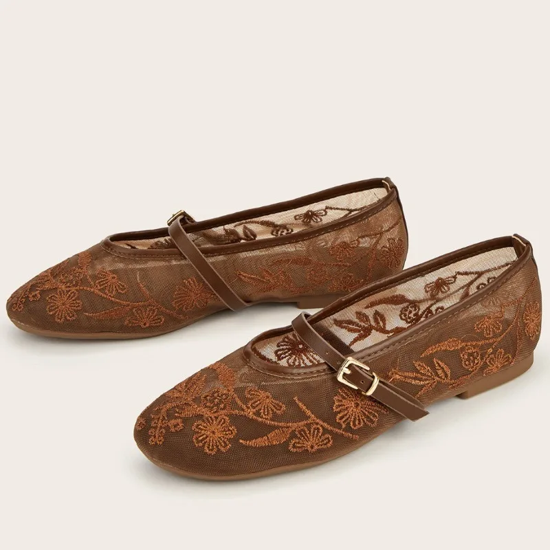 

Балетки на плоской подошве в стиле ретро с сетчатой вышивкой, женские модные туфли Мэри Джейн с круглым носком и узкой пряжкой, уютная мягкая подошва, Zapatos De Mujer