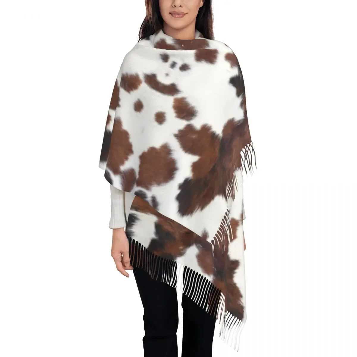 Spotted Brown Farm Animal Skin Tassel Scarf Women Soft Cowhide Leather Texture Shawls Wraps Lady Winter Scarves