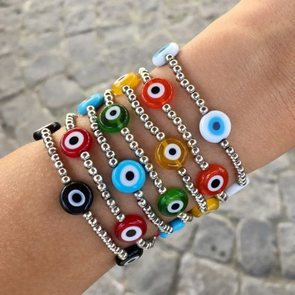 CCGOOD Multicolor Evil Eye Bracelet for Women Stackable Silver Color Bead Summer Pulseras Stretchy Summer Bracelets Boho Jewelry