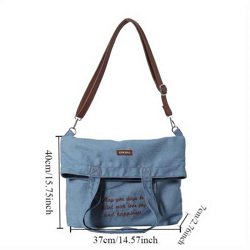 Sac fourre-tout en denim chic, sac à main polyvalent, sac à bandoulière avec sangle d'appoint en cuir, parfait pour les tenues quotidiennes décontractées pour femmes