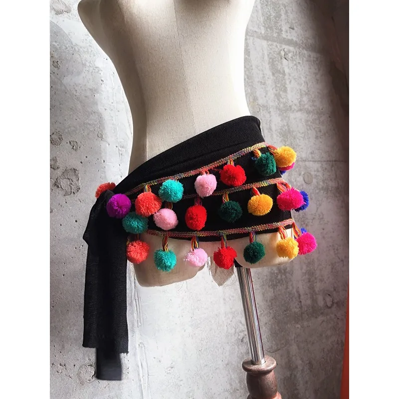 Customized Belly Dance Practice Clothes Waist Belt Hairy Ball Hip Cloth Versatile Heavy-duty Waist Seal Skirt